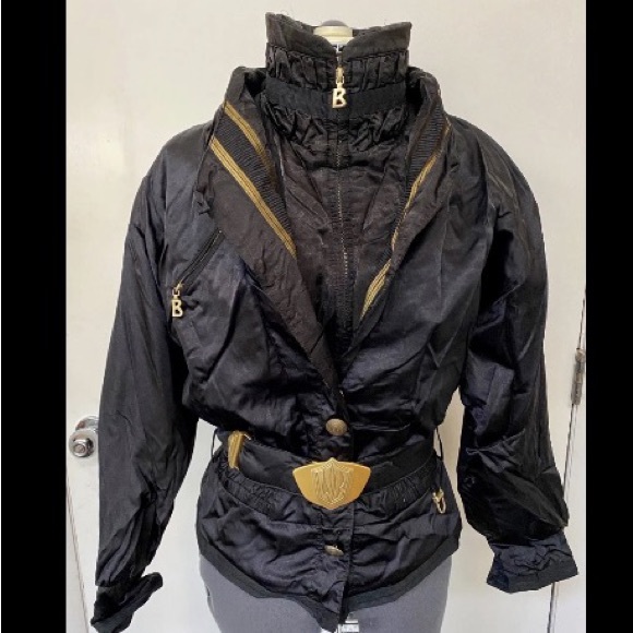 CHIC VINTAGE 1990s BOGNER LADIES SKI JACKET BLACK GOLD BELTED w/ HEADBAND 10 EUC - Picture 2 of 12